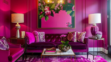 A vibrant fuchsia poster frame adds a bold pop of color to a chic Parisian-inspired interior. - obrazy, fototapety, plakaty