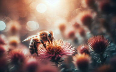Bees sniffing flowers. Bees sucking nectar and pollen. Close up photo - obrazy, fototapety, plakaty