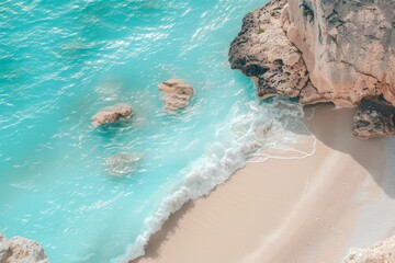A secluded beach with turquoise waters and white sand.