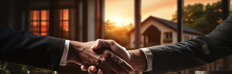 Two Men Shaking Hands in Front of a House Generative AI