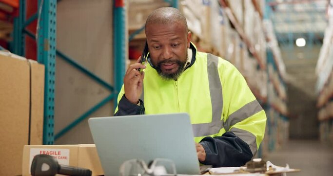 Man, phone call or laptop for logistics in warehouse, shipping or talking of order for distribution. Factory manager, smile or mobile for networking to import inventory or technology in manufacturing