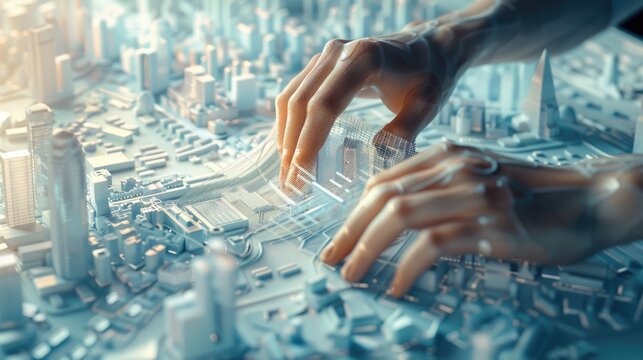 Architect's hands working on detailed map of futuristic city with advanced technology and urban planning. AI Generated 