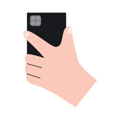 Hand holding smartphone horizontally and vertically, with blank screen displayed