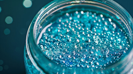 A glass jar filled with water and filled with tiny plastic beads is shown in the sixth image. The beads coated in a hydrophobic substance clump together on the surface of - obrazy, fototapety, plakaty