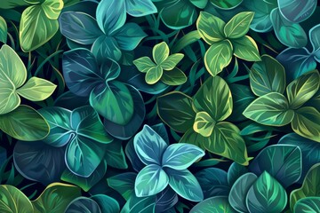 Background Texture Pattern Aquatic Plants Include elements like seaweed, water lilies, and other freshwater flora in shades of green and blue created with Generative AI Technology - obrazy, fototapety, plakaty