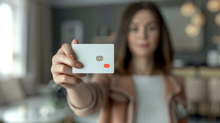Woman presenting bank card, focused foreground, blurred background
