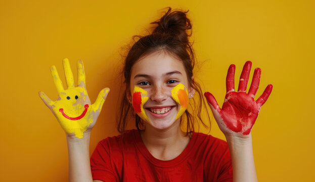 Little girl with painted hands in the colors of red and yellow smiling emoji on blue background. The concept is happy child playing, creativity, diversity and world brothers day