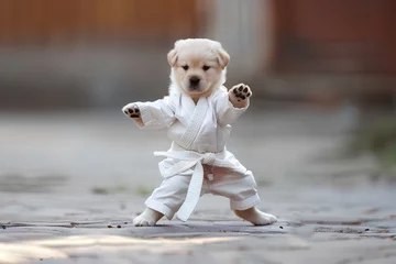 Fensteraufkleber puppy as karate puppy. A puppy in a karate suit and in a fighting pose © Uliana