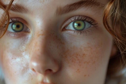 portrait of a ginger haired curly girl with freckles and heterochromia, green eyes. Concept human diversity.