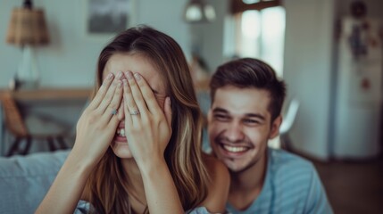 Couple at home, woman playfully covering man's eyes, laughing, happiness, surprise, candid moment