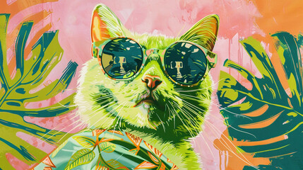 A vibrant lime green cat sporting oversized sunglasses and a tropical print sarong, ready for a day of adventure and exploration in the summer sun. - obrazy, fototapety, plakaty