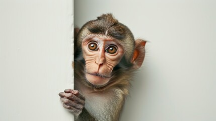 Generative AI image of A monkey peeked out from the crack in the door