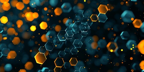 Generative AI image of Shimmering Yellow and Orange Hexagons on a Black Background