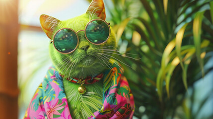 A vibrant lime green cat sporting oversized sunglasses and a tropical print sarong, ready for a day of adventure and exploration in the summer sun.