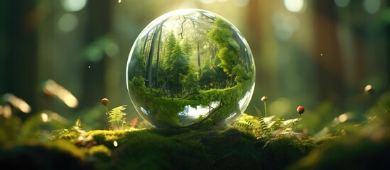 A glass ball containing a miniature forest scene enclosed within, showcasing mossy trees and green foliage under abstract sunlight.