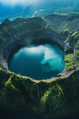 Aerial view of a giant volcano crater - obrazy, fototapety, plakaty