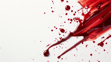 Generative AI image of a few drops and a small stream of blood splatter on white background, very minimalistic, simple