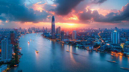 Naklejka premium Panoramic view of the Chao Phraya River at sunset, Bangkok, Thailand
