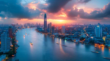 Poster Panoramic view of the Chao Phraya River at sunset, Bangkok, Thailand © Nutchanok