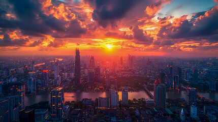 Aerial view of skyscrapers at sunset - obrazy, fototapety, plakaty