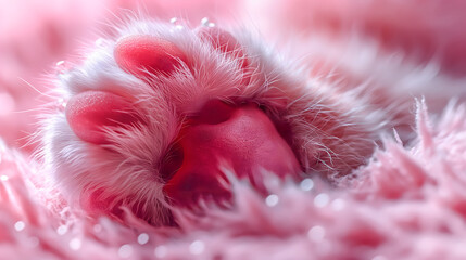 Close up of a cat's paw on a pink fur background