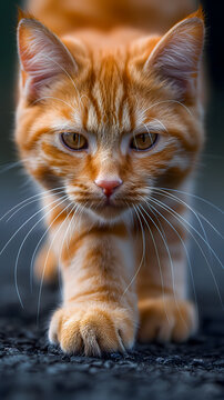 Cute ginger orange cat n a dark background.