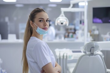 Generative AI image of a professional woman standing near a dental office desk - obrazy, fototapety, plakaty
