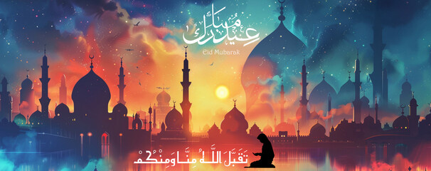 Eid Mubarak Card , An greeting card showcasing a serene sunset silhouette, with the skyline of mosques creating a tranquil and spiritual atmosphere for the celebration.
