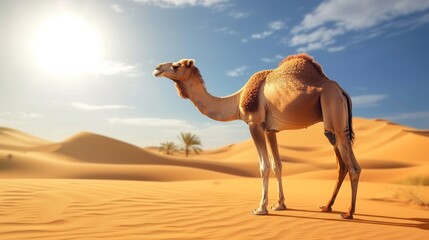 Generative AI image of a camel in the desert, bright hot sun, sand dunes in the distance