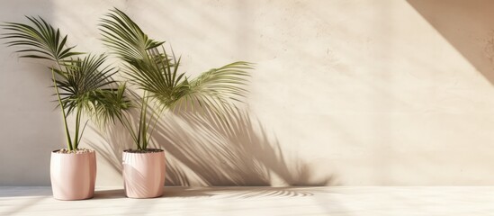 Three potted palm trees stand in front of a white wall, casting shadows onto the concrete. The minimalistic design with a touch of luxury reflects a modern tropical aesthetic.