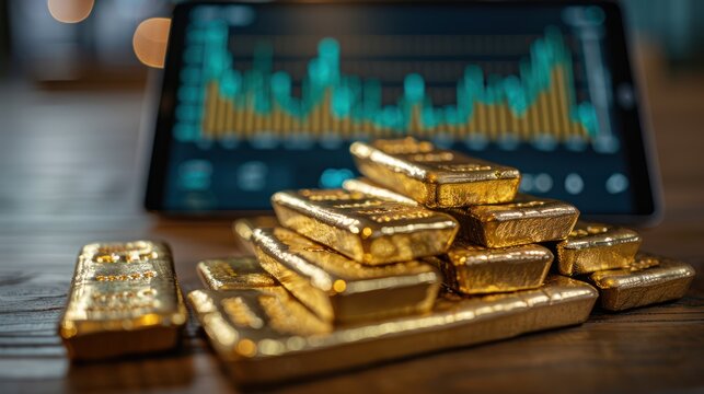 minimalist background of Gold ingots on wooden table against the backdrop of a tablet screen showing a green graph continuously rising, the concept of gold prices rising in the market,copy space.