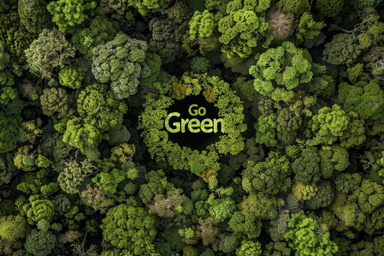 Aerial view of a forest with Go Green text in the middle of the lake