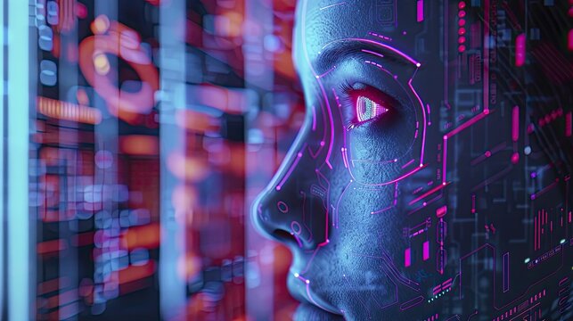 A conceptual image of AI systems designed with an ethical off switch, ensuring human control, neon tone, digital graphic technology style.