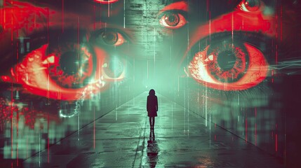 An individual encircled by digital eyes symbolizes constant consumer behavior monitoring in neon digital graphics.