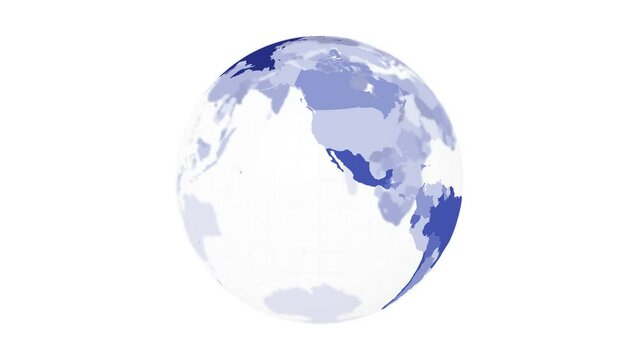 Rotating globe. Transparent Earth planet in yellow blue colors spinning on white background. 4k cool loop animation.