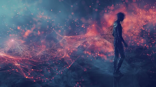 An abstract design featuring a user ensnared in webs of surveillance, illustrating the challenges of evading data capture, set in a neon tone and crafted in a digital graphic technology style.