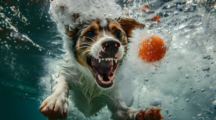 Jack Russell terrier running through water with a ball - obrazy, fototapety, plakaty