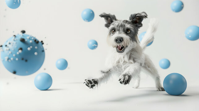 Terrier dog breeds playing blue balls on white background