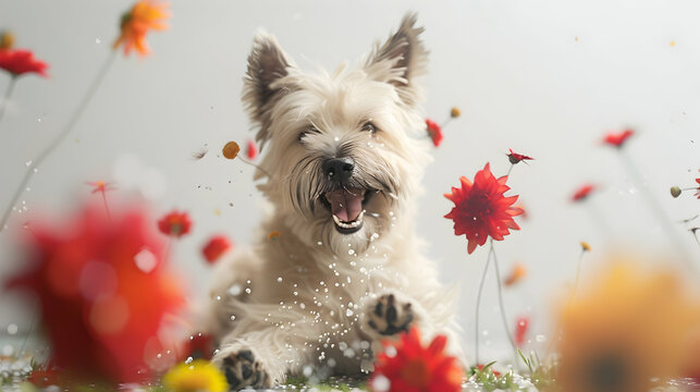 Cute puppy sitting amidst a field of spring flower
