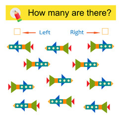 Math activity for kids. Developing numeracy skills. Cartoon rocket ship.