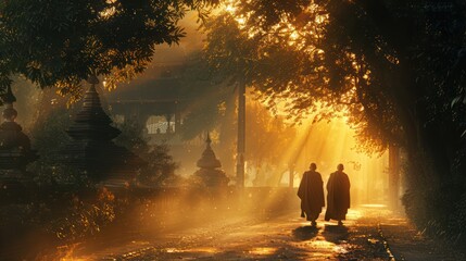 Monks walking for alms in the morning amidst the morning light and mist atmosphere. - obrazy, fototapety, plakaty