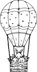 Hand drawn rabbit on hot air balloon illustration on transparent background.