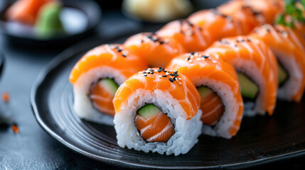 Sliced salmon sushi roll with soy sauce and wasabi on a black plate. Close-up capturing the details of salmon, minimalist styling. Food photography.