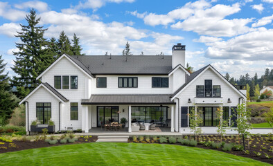  white modern farmhouse with black accents, nestled in the Pacific Northwest landscape. The house has large windows and traditional shutters on both side walls, overlooking lush green grass, trees, an