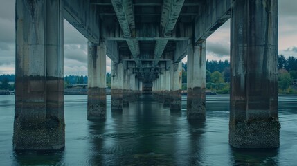 Massive concrete supports rise from the depths bearing the weight of a grand bridge that links two distant landscapes. - obrazy, fototapety, plakaty