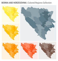 Bosnia map collection. Country shape with colored regions. Blue Grey, Yellow, Amber, Orange, Deep Orange, Brown color palettes. Border of Bosnia with provinces for your infographic.