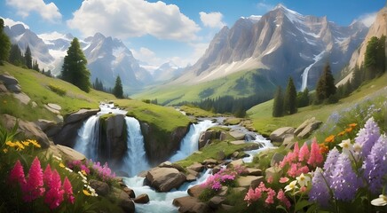 A majestic waterfall cascading down a lush green mountainside,A dynamic and powerful waterfall, with rushing water creating a misty sp surrounded by blooming wildflowers and the fresh scent of spring. - obrazy, fototapety, plakaty