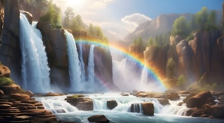 A dynamic and powerful waterfall, with rushing water creating a misty spray and rainbows dancing in the sunlight.