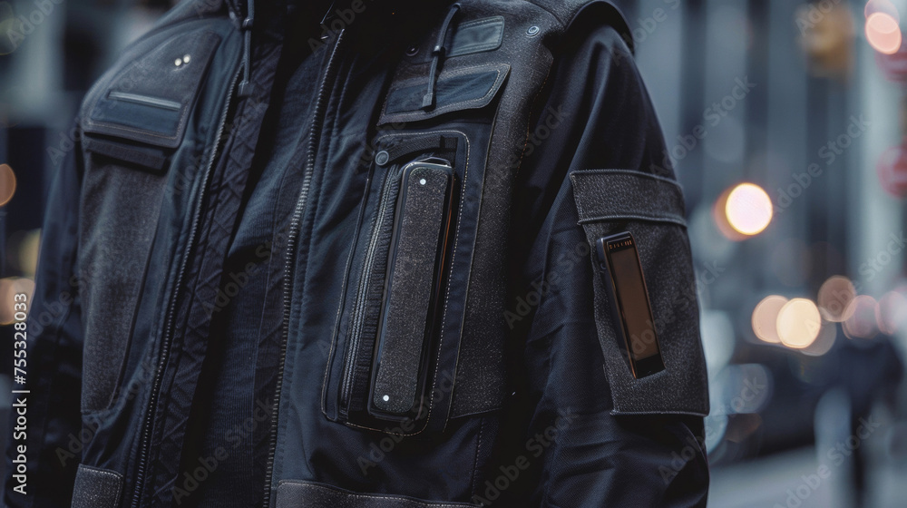 Poster a detailed shot of a smart jacket with hidden pockets for electronic devices demonstrating how weara