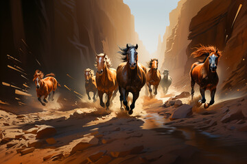 Wild Mustang Horses Galloping Desert Canyon Herd Running Animals Freedom - obrazy, fototapety, plakaty